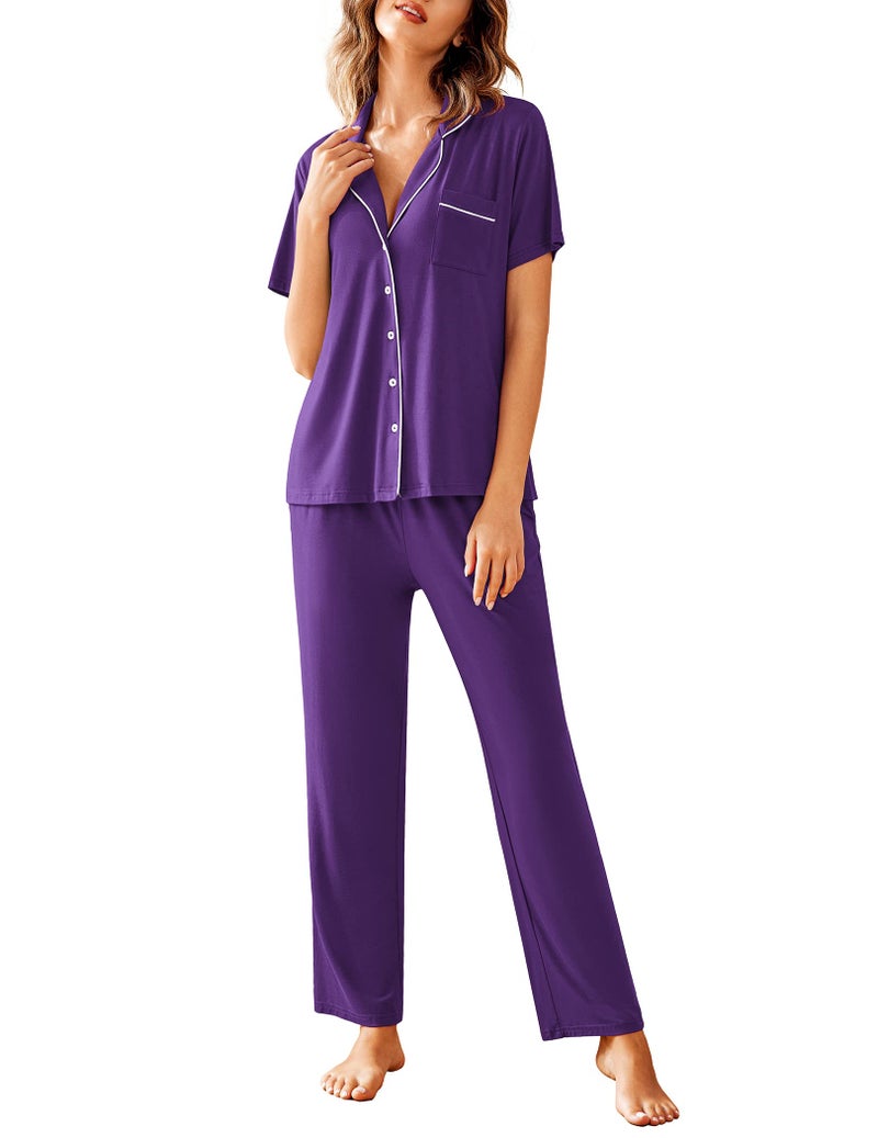 Avidlove Women Pajamas Set Notch Collar Soft Sleepwear Pjs Short Sleeve Button Down Nightwear with Long Pants Purple - Image 1